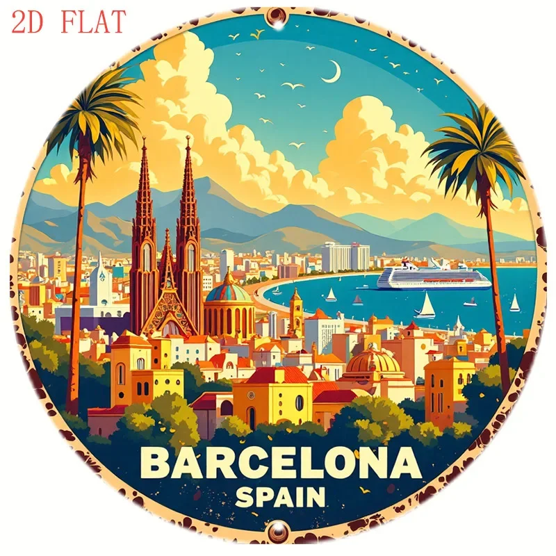 Home Barcelona - Круглая металлическая табличка с изображением Барселоны,