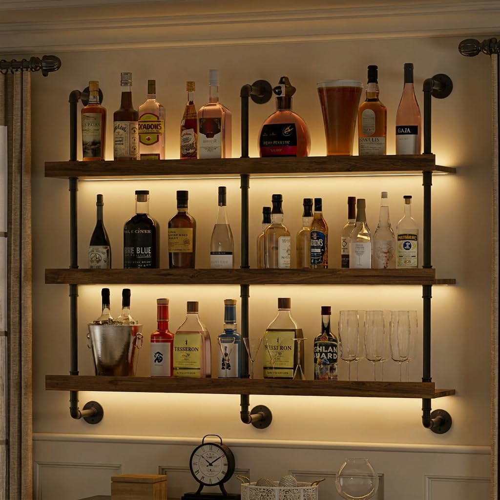 Home Bar Shelf - Настенная винная полка с LED-подсветкой, трехуровневая